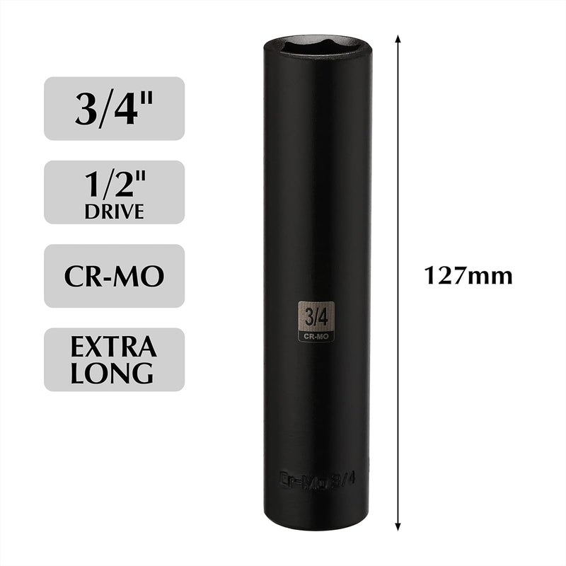 EMENTOL 1/2 Inch Drive Extra Long Deep Impact Socket - 3/4 Inch, CR-MO, SAE, 6 Point Extra Deep Socket, 5" Length - Image 2